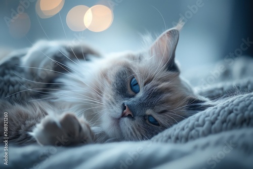 A calm blueeyed ragdoll cat enjoys the peacefulness of a cozy morning basking in soft light, Generated by AI. photo
