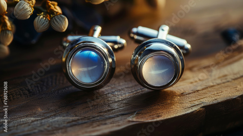 Round blue cufflinks on wooden table showcasing a blend of modern elegance and simplicity in men's fashion