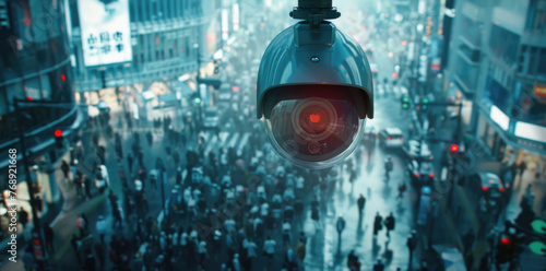 Urban Watch: City Surveillance, security camera looms over a bustling city street, its lens capturing the movement of the crowd below in a commentary on modern urban surveillance. photo