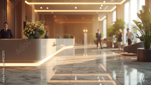 Elegant Hotel Lobby Reception, sophisticated hotel lobby bathed in soft light, with attentive staff at the reception, creates a welcoming atmosphere for guests photo