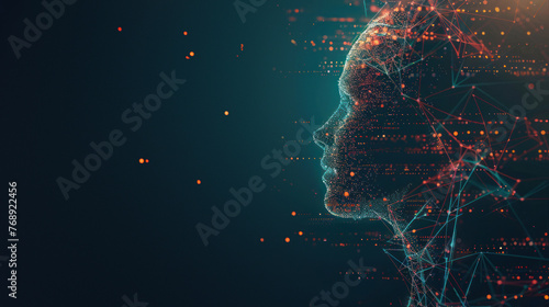Digital head profile with connecting dots and lines, indicating neural network and AI inference in a red and navy theme photo
