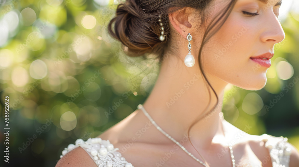 Elegant bride with a beautiful updo showcasing pearl earrings and delicate necklaces in a dreamy wedding setting