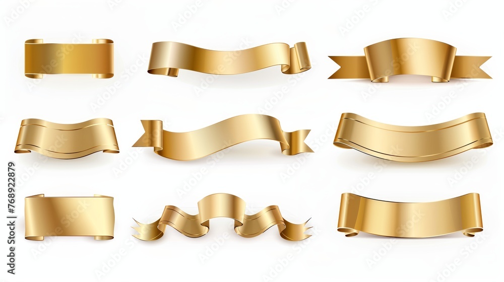 Set of gold banner label ribbons with white background. Generated by artificial intelligence. Set of gold banner label ribbons with white background. Generated by artificial intelligence.