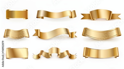 Set of gold banner label ribbons with white background. Generated by artificial intelligence.