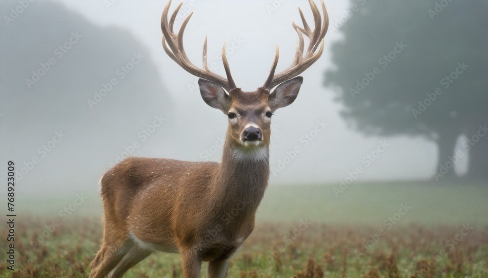 Misty Majesty: A Deer's Double Antler Display in a Foggy Field Misty Majesty: A Deer's Double Antler Display in a Foggy Field