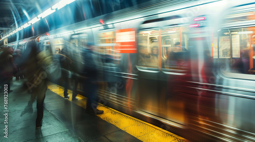 Blurred motion of a subway train with passengers.