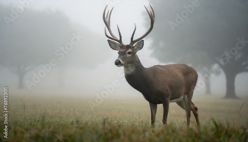 Misty Majesty: A Deer's Double Antler Display in a Foggy Field" © Sadaqat