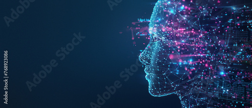 Striking image of a futuristic profile with dynamic red and blue particle flow on a dark digital backdrop