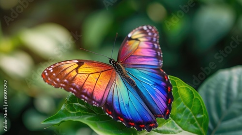 photo of rainbow butterfly, fly in the city park, close up view