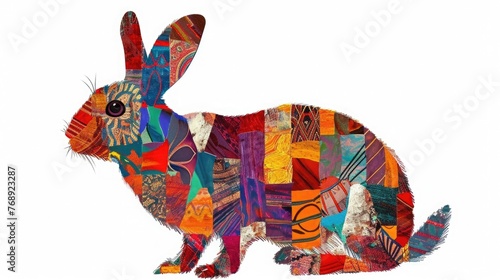 rabbit silhouette , made from little colorful textile pieces, isolated on white background