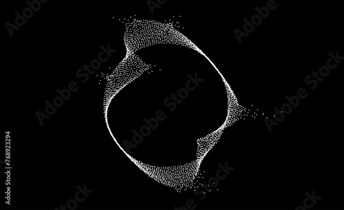 White dotted wavy lines with dissolve effect. Stipple disintegrating curved circle on black background. Halftone textured sphere with noise grain. Grunge dispersing particles, speckles. Vector