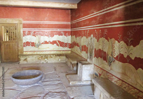 Ancient Throne Room with a Stone Throne in the Palace of Knossos, Archaeological Site of Knossos, Crete Island, Greece