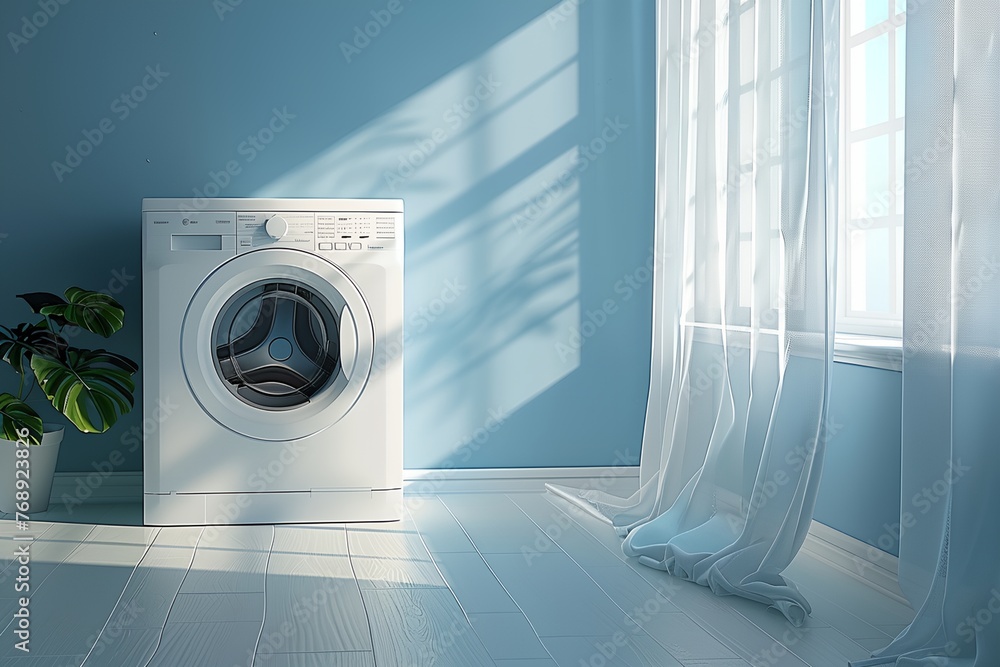 A white washing machine sits in front of a window with white curtains - obrazy, fototapety, plakaty 
