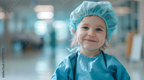 A happy kid aged 1- 2 years dressed as doctor, in a modern hospital. Health concept.  © paulmalaianu