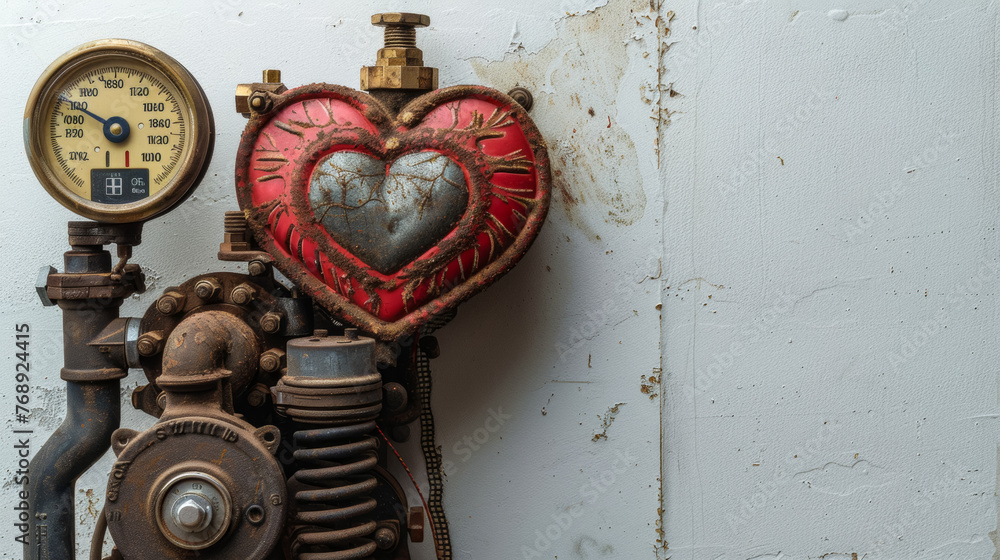 A rusty old heart is attached to a pipe with a gauge on the side. The heart is attached to the pipe in a way that it looks like it is breathing