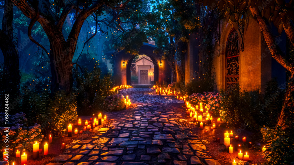 Enchanted forest path with candle lights