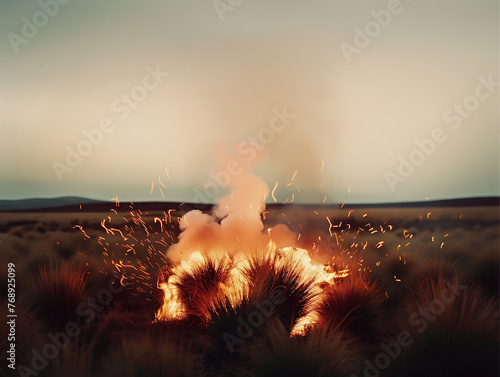 the grass tussock on fire with a backdrop of dry pastureland at dusk. photo