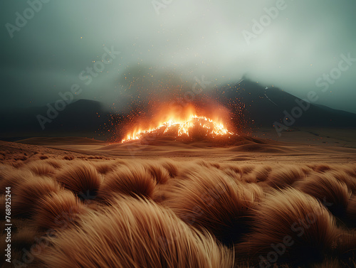 the grass tussock on fire with a backdrop of dry pastureland at dusk.