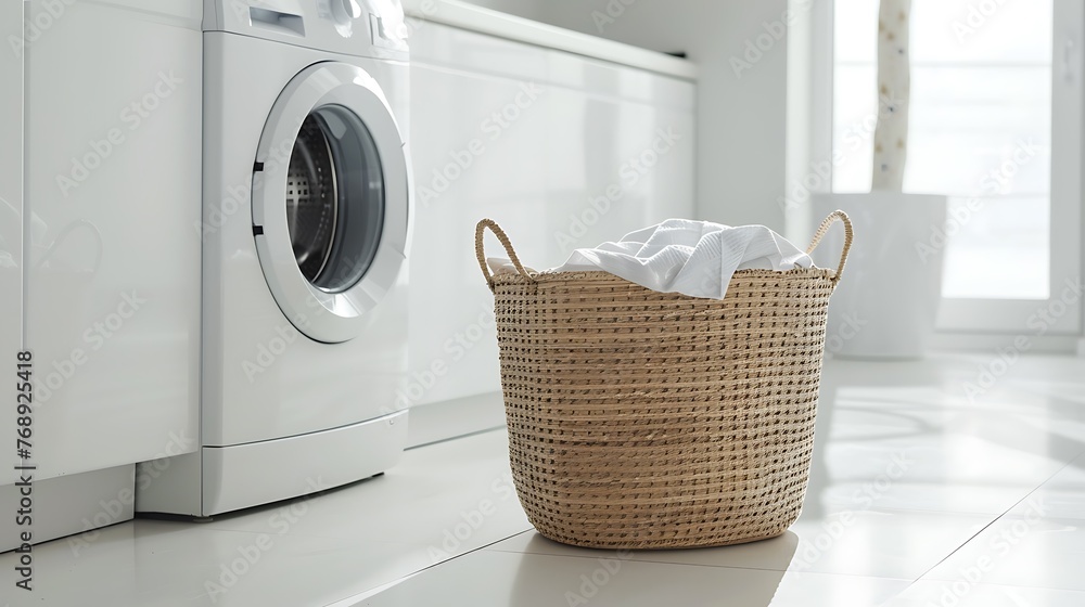 Laundry basket with white clothes by washing machine on white tile near window Laundry basket with white clothes by washing machine on white tile near window