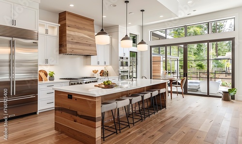 Stylish startup kitchen, Modern minimalistic design featuring kitchen island, wooden floor, and ample natural light in luxurious new home. Ideal for contemporary living. Copy space available
