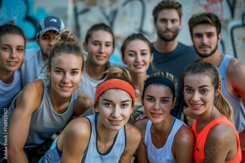Sport people portrait, small group personal training, individual and team athletic performance. Active men, women posing after running, before marathon, fitness professional, Generative AI