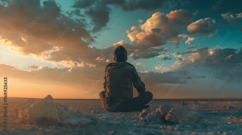 A solitary figure meditates amidst the vastness of a deserted landscape during a dramatic sunset