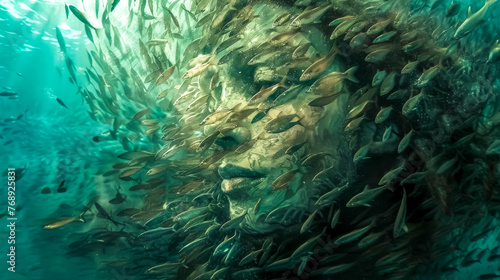 Dense school of fish creates a mesmerizing pattern in the murky depths