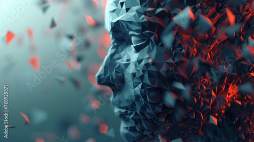 Close-up of a 3D human face disintegrating into triangles symbolizing data analysis photo