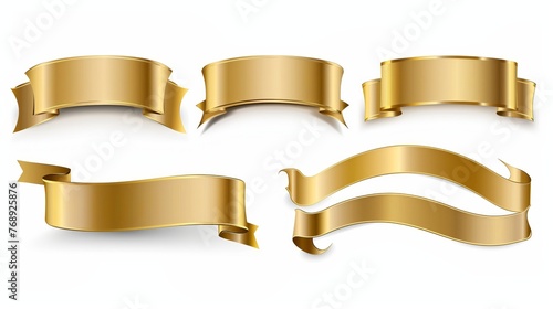 Set of gold banner label ribbons with white background. Generated by artificial intelligence.