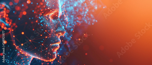 Vibrant digital human face with glowing network lines on a fiery red background