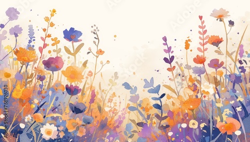 watercolor wildflowers, pastel orange pink yellow blue and purple red color palette © Photo And Art Panda