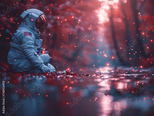 astronaut in a classic white spacesuit with a reflective helmet, seated by the edge of a murky river, © Pedro Areias