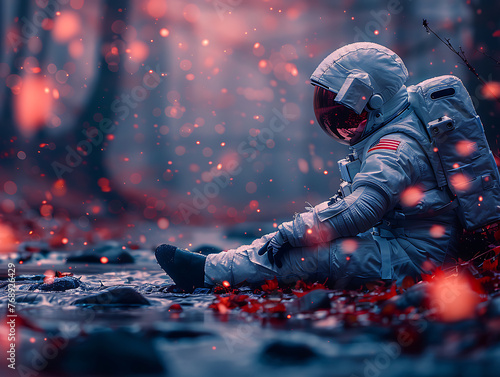 astronaut in a classic white spacesuit with a reflective helmet, seated by the edge of a murky river,