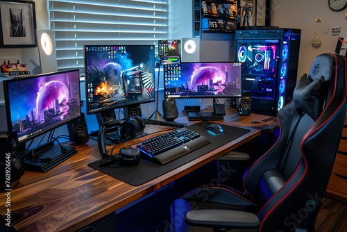 Modern gaming room with computer monitors and a chair
