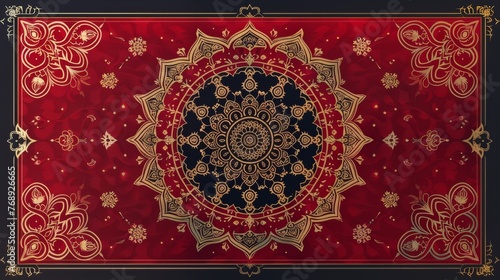A traditional Tibetan mandala design with intricate patterns and sacred symbols, set against the deep red background of luxury wallpaper.