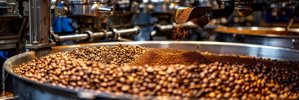 Fresh aromatic coffee beans roasting on a modern and advanced coffee roasting machine