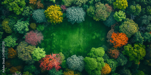 A large green circle of trees with a green grassy area in the center. The trees are of different colors, including green, yellow, and red. Concept of harmony and balance, as the circle of trees © Дмитрий Симаков