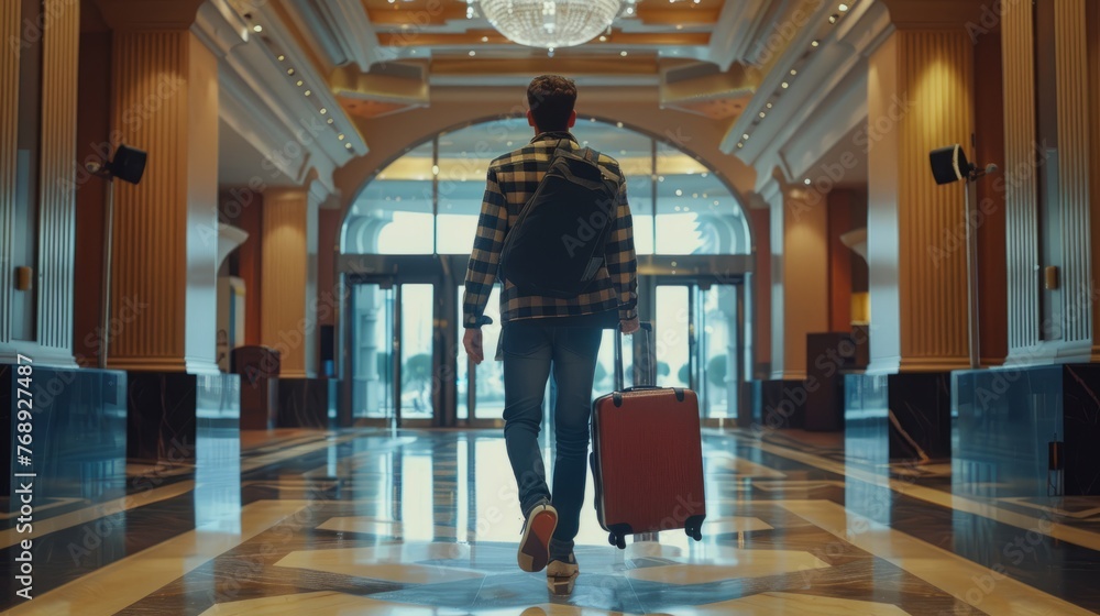 Man prepares for journey: male carrying luggage in hallway, travel concept