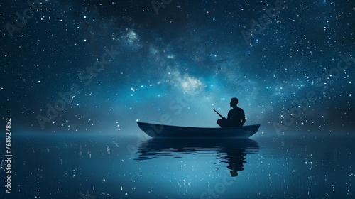 Man in boat under starry sky: serene seascape with reflection, dreamlike sleep picture in imagination © Ashi