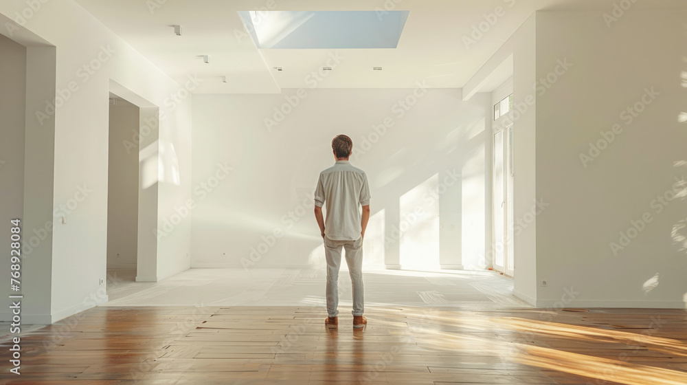 A builder, an interior designer stands in a white empty room after renovation and thinks about where to place the furniture. Apartment renovation. A builder, an interior designer stands in a white empty room after renovation and thinks about where to place the furniture. Apartment renovation.