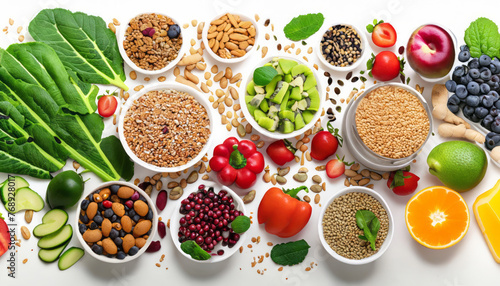 A variety of fresh, organic foods ideal for a healthy diet and weight loss, including nuts, fruits, berries, vegetables, and oats, on an isolated white background