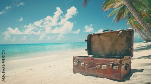 Abandoned open suitcase resting on a secluded tropical beach shoreline, inviting mystery and adventure, perfect for travel concepts and wanderlust themes © Ashi