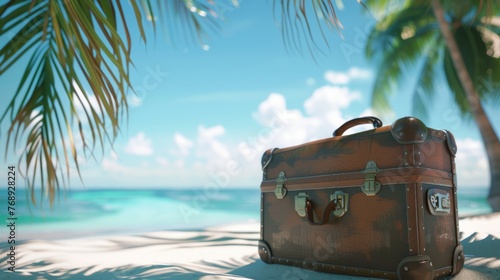 Abandoned open suitcase resting on a secluded tropical beach shoreline, inviting mystery and adventure, perfect for travel concepts and wanderlust themes © Ashi