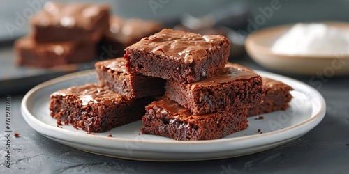 Decadent chocolate brownies stacked high with a backdrop of chocolate pieces photo