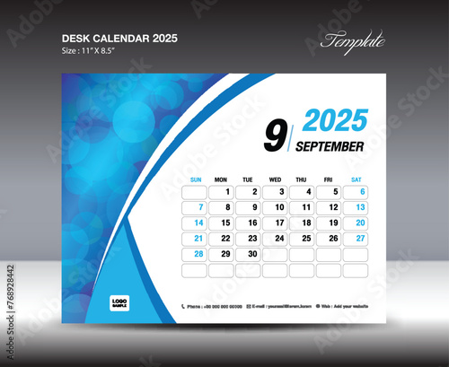 Desk Calendar 2025 year template, September 2025 template, wall calendar 2025 year, Week starts Sunday, Planner design, Stationery design, flyer design, printing media, blue curve backgrund vector