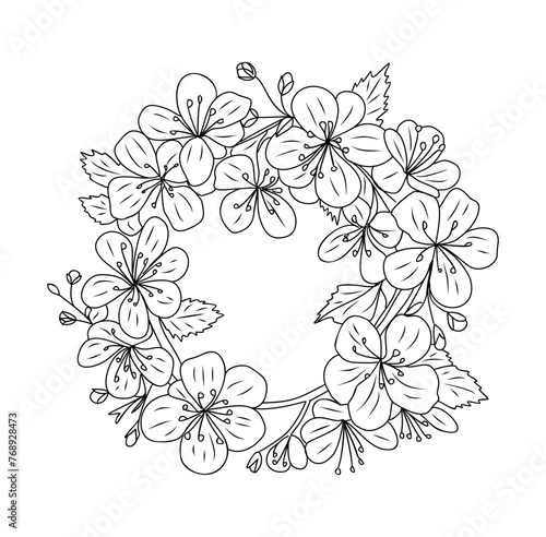 Hand drawn botanical wreath line art vector illustration isolated on transparent background. Circle frame with hawthorn, may birth month flowers in black ink sketch style. Elegant outline drawing.