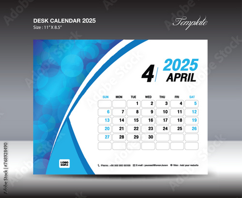 Desk Calendar 2025 year template, April 2025 template, wall calendar 2025 year, Week starts Sunday, Planner design, Stationery design, flyer design, printing media, blue curve backgrund vector