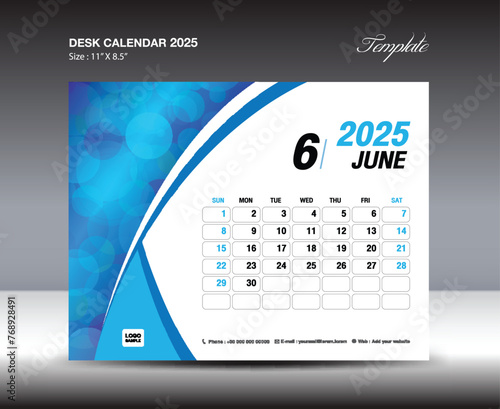 Desk Calendar 2025 year template, June 2025 template, wall calendar 2025 year, Week starts Sunday, Planner design, Stationery design, flyer design, printing media, blue curve backgrund vector