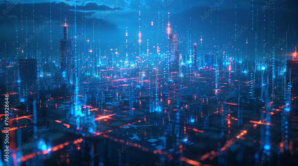 Fototapeta premium A vast digital cityscape cast in shades of dark blue with glowing interconnections and abstract tech lines weaving through