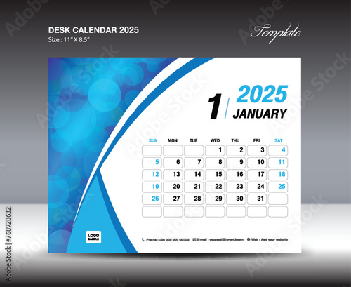 Desk Calendar 2025 year template, January 2025 template, wall calendar 2025 year, Week starts Sunday, Planner design, Stationery design, flyer design, printing media, blue curve backgrund vector